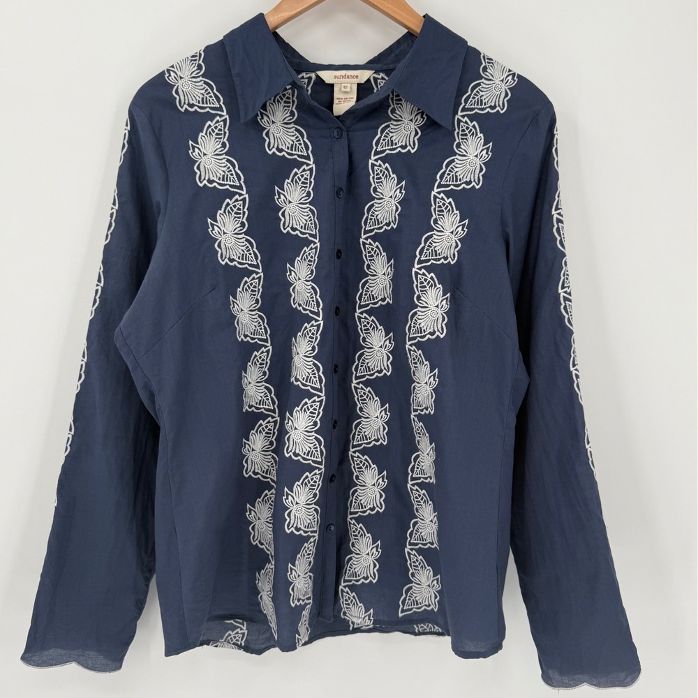 Sundance Navy Butterfly Embroidered Button Front‎ Cotton Blouse Size 12